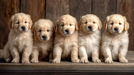 Five golden retriever puppies sit in a row on a rustic wooden platform, fluffy and attentive, gazing at the camera with innocent, charming expressions and warm natural lightの写真素材