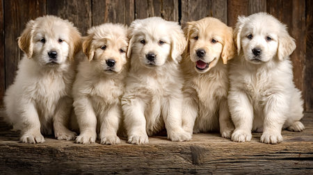 Five adorable golden retriever puppies sitting side by side on a rustic wooden bench, showcasing their cute fluffy appearance and playful innocence against a textured wood backdropの写真素材