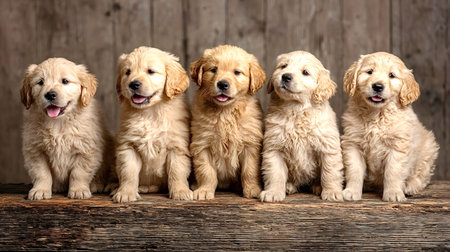 Five golden retriever puppies sitting close in a row, smiling with open mouths and playful, innocent expressions against a rustic wooden plank background in studioの写真素材