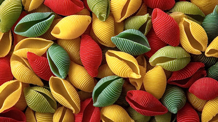 Dry, uncooked conchiglie pasta shells displaying red, green, and yellow hues, forming a colorful full frame background of traditional italian food ingredients, symbolizing rustic culinary artistryの写真素材