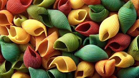 Dry colored shell pasta, also known as conchiglie, filling the frame in an abundant pattern showcasing varied textures and bright hues, perfect for culinary and ingredient themesの写真素材