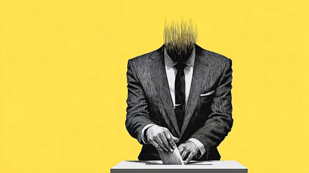 Faceless person in a suit casting a vote into a ballot box, representing concepts of anonymity, democracy, election, and bureaucracy against a vibrant yellow backgroundの写真素材