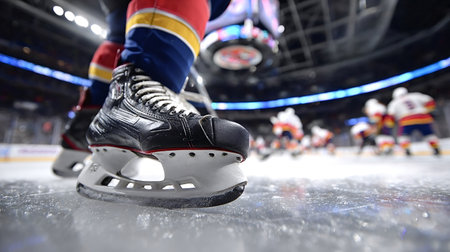 Ice hockey player on rink in sharp skates, low angle close up as teammates warm up in background,...