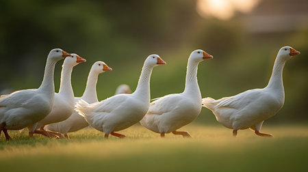 White domestic geese walking in single file across a vibrant green field at golden hour, soft sunset light casting long shadows for a peaceful, rural sceneの写真素材