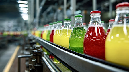 Carbonated soft drinks in glass bottles featuring vibrant colors like red, green, and yellow are...