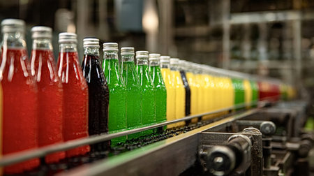 Carbonated beverages in vibrant red, green, yellow, and dark bottles are continuously moving along a manufacturing conveyor belt, showcasing automated industrial production and efficiencyの写真素材