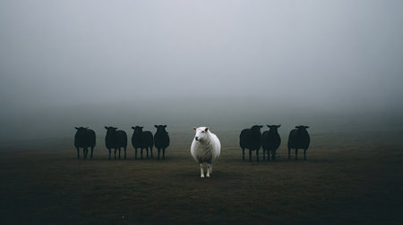 White sheep separated from a flock of black sheep on a misty field, symbolizing individuality, nonconformity and standing out against a moody rural landscapeの写真素材