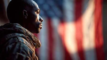 Black man wearing a military uniform, looking forward with determination and pride, representing patriotism, service, and national identity with an american flag blurred in the backgroundの写真素材
