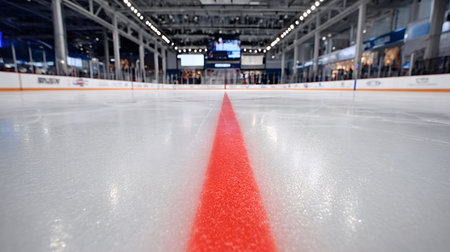 Ice hockey rink with a bold red line across the glossy ice in an empty indoor arena, advertising boards and blurred stands creating a professional, game ready atmosphereの写真素材