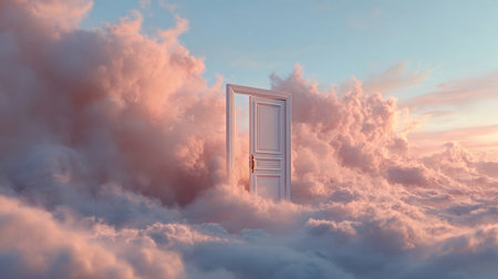 White door standing upright amidst fluffy pink and blue clouds, representing concepts like new beginnings, opportunity, dream, spirituality, and the afterlifeの写真素材