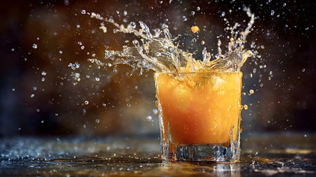 Bright orange juice in a glass is creating an energetic splash with water droplets suspended in air, symbolizing refreshment, vitality, and summer healthの写真素材