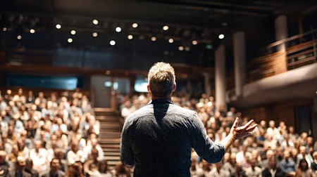 Speaker on stage addressing a crowded auditorium, conveying ideas to a rapt audience during a...