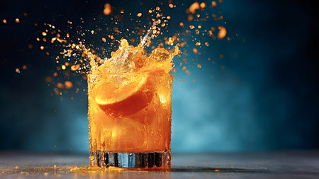 Fresh orange juice splashing from a glass with ice cubes and an orange slice against a vibrant blue...
