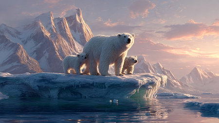 Polar bear mother protecting her cubs on an iceberg with mountains in the background, showing a family surviving in the vast arctic winter landscape at sunsetの写真素材