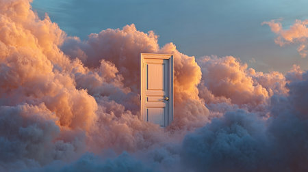 White wooden closed door emerging from a bed of soft, colorful clouds against a clear sky, representing concepts of hope, future, possibilities, and new beginningsの写真素材