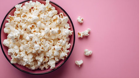 Popcorn spilling from a pink bowl onto a vibrant pink background, overhead flat lay with ample copy spacecheerful snack scene for movies, parties, and casual indulgenceの写真素材