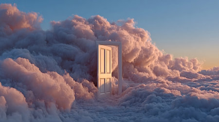 White door opening in ethereal sunset clouds, revealing a path to new opportunities, dreams, and possibilities in a surreal, heavenly landscape against a serene blue skyの写真素材