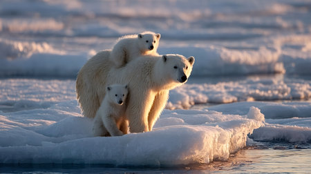 Polar bear mother shields two cubs on melting arctic ice floes at sunset, a striking scene of resilience and vulnerability that highlights wildlife conservation and climate change impactの写真素材