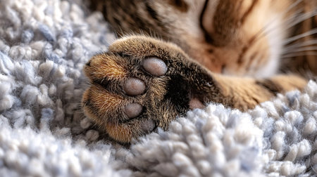 Domestic shorthaired tabby paw resting on a soft blue and white fluffy blanket, close up macro capturing cozy, peaceful napping comfort and warm, tranquil home relaxation ambianceの写真素材