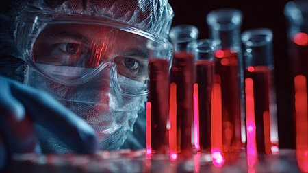 Scientist in protective workwear carefully observing a tray of test tubes containing glowing red liquid, conducting an experiment or researching a medical breakthrough for health and innovationの写真素材