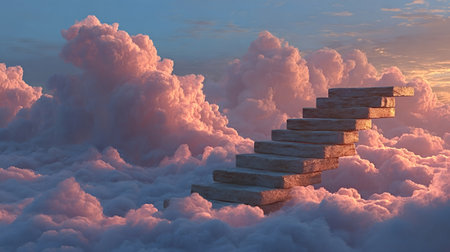 Stone stairs ascend through soft pink clouds into a glowing sunset sky, evoking journey, aspiration, spiritual ascent, hope, and progress toward an ethereal destinationの写真素材