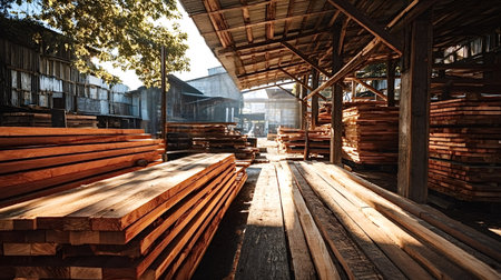 Stacks of raw wood planks filling a lumber storage area under an open air shed, displaying the...