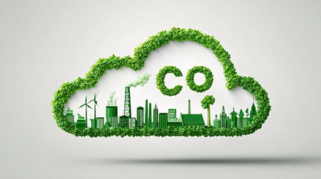 Green city skyline morphing into a co2 cloud of leaves, symbolizing carbon footprint reduction, renewable energy transition, and sustainable urban development for cleaner airの写真素材