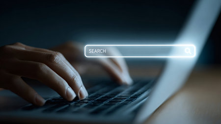 Hands typing on a laptop keyboard with a glowing search bar interface overlay symbolizing online...