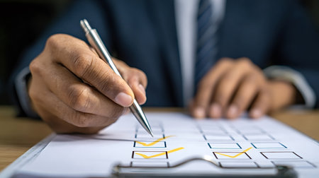 Businessman's hand holding a pen and marking yellow checkmarks on a white paper checklist on a clipboard, representing concepts of planning, survey, evaluation, and completionの写真素材