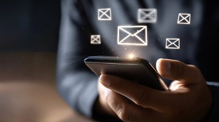 Hand holding a smartphone with glowing email icons popping up, representing digital communication,...