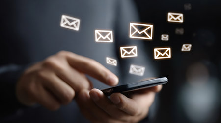Person holding a smartphone, interacting with digital glowing email icons flying from the screen,...