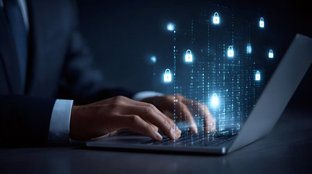 Person operating a laptop with glowing padlocks and digital code overlaying the screen, representing...