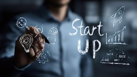 Business professional developing a startup strategy, creating a plan for innovation, growth, and success with interactive visual elements on a transparent screenの写真素材