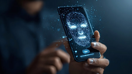 Person holding a smartphone displaying a digital facial grid, representing biometrics and ai...