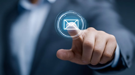Businessman's finger touching a glowing digital interface with an email envelope icon, symbolizing modern communication, networking, and digital messaging technologyの写真素材