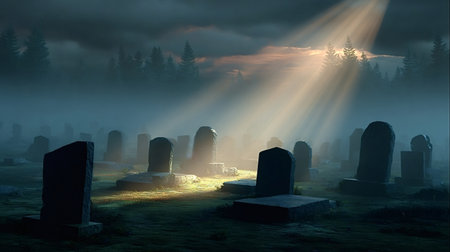Foggy graveyard featuring numerous old tombstones and a distant silhouette of a forest. With warm...