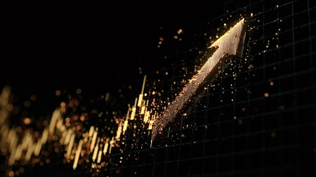 Golden upward arrow representing positive trend, increasing profit, and successful investment...