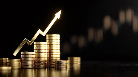 Golden coins are stacking up with an upward pointing arrow illustrating financial growth, investment success, and positive market trends against a dark background with blurred chartsの写真素材