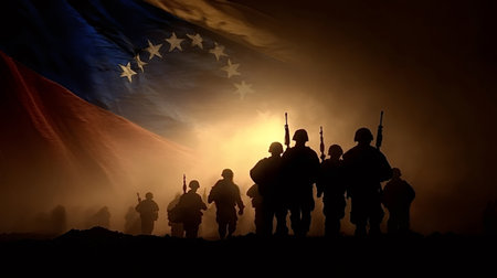 Soldiers in silhouette are marching forward through dust or smoke, representing patriotism, conflict, and military service under the waving venezuela flag in a dramatic, warm toned sceneの写真素材
