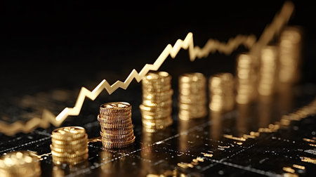 Gold coins are stacking up on a digital board with an upward trending line chart, symbolizing increasing financial investment, wealth, and market prosperityの写真素材