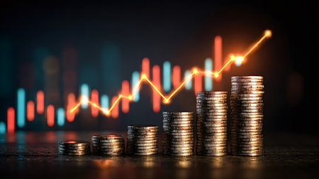 Stacked coins forming an ascending bar chart against a dark background, symbolizing growing profits,...