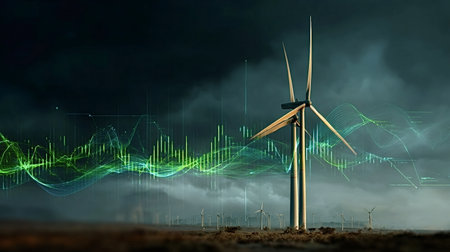 Wind turbines representing a wind farm at dusk, generating clean, renewable energy with data...
