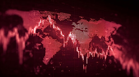 Digital world map showing a global financial crisis with a dark red stock market candlestick graph experiencing a significant downtown, representing economic recession and investment lossの写真素材
