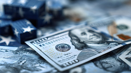 American currency depicting a one hundred dollar bill with benjamin franklin's portrait resting on a...