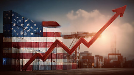 Us flag overlaying multiple stacked shipping containers at a busy port with an upward red arrow...