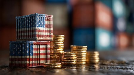 Usa flagged shipping containers beside rising stacks of gleaming gold coins, representing u.S. Trade, exports and imports, economic growth, investment and wealth accumulation in logisticsの写真素材