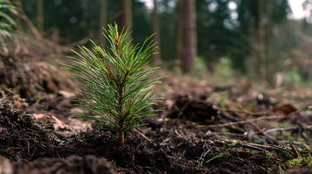 Pine sapling growing in rich dark soil with green needles, symbolizing reforestation, conservation, and environmental sustainability for future generations in a natural forest settingの写真素材