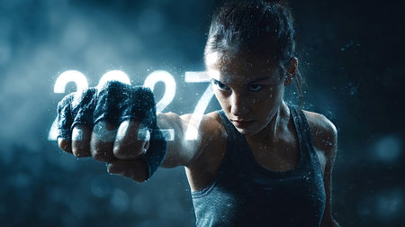 Determined female athlete punching with power, water droplets splashing, and the glowing year 2027...