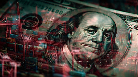 Benjamin franklin's portrait on a hundred dollar bill overlaying an active container port with ship...