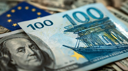 Hundred euro bill and a us dollar banknote showing benjamin franklin's portrait symbolizing global...